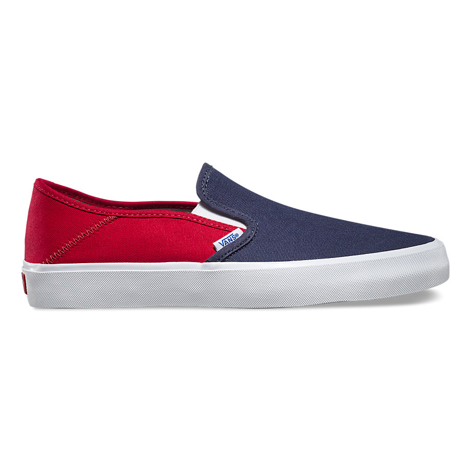 red and blue slip on shoe